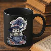Witchy Owl Mug , Owl in Teacup with Witch Hat and Dark Florals, Spooky Cute Halloween Mug, Cottageco