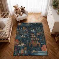 Nighttime Owls Nursery Rug: Whimsical Library Kids Carpet