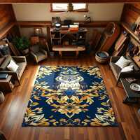 Majestic Owl Area Rug: Baroque Gold Pattern, Royal Blue Accent