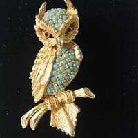 Vintage Owl Brooch: Turquoise & Ruby Rhinestone Gold Tone Brooch