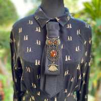 Upcycled Statement Necktie Necklace Black with Brass Owl