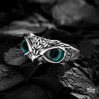 Gothic Owl Eyes Sterling Silver Ring Adjustable Mystical Wisdom Protection Jewelry Unisex Dark Fanta