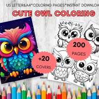 200 Cute Owl Coloring Pages Bundle + 20 Covers | Kawaii Owl Printable Sheets for Kids & Adults |