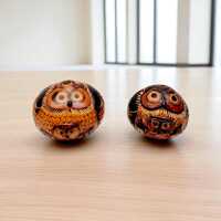 Pair of Hand-Carved Gourd Owls – Peruvian Folk Art – Etched Owl Gourd Sculpture Set