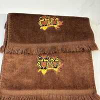 Vintage Set of Brown Owl Hand Towels by Martex - Martex Owl Hand Towels, Set of 2