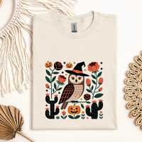 Owl Halloween Boho Flower T-Shirt For Bird Lover, Floral Cactus Halloween T Shirt For Autumn, Vintag