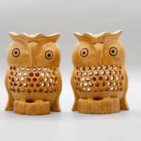 Pair of Japanese Wooden Crafted Owl Fukuro Hand Carved Statue Undercut Jali Work