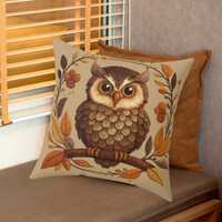 Fall Owl Faux Embroidered Big Accent Throw Pillow for Couch Sofa or Bed, Autumn FallSeason HomeDecor