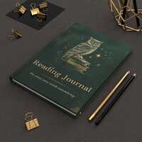 Hardcover Journal Matte, Dark Green and Gold Owl on Books Image, Writing Notebook, Diary, Bullet Jou