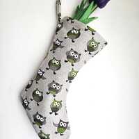 Whimsical linen stocking with green owl decor