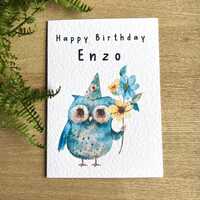 Personalized Watercolor Owl Birthday Card: Custom Name, Floral Design