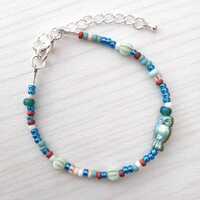 Aqua Blue Owl Seed Bead Bracelet with Silver Plated Fixings, Adjustable Minimalist Bracelet,