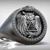 Ouroboros Owl Ring With Eye Of Providence, Handmade Masonic Symbol Ring For Men, Illuminati All Seei