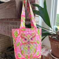 Quilted Cotton Hoot Owl Tote Bag: Multicolor Pink Shoulder Bag