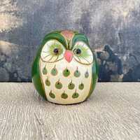 Rounded Ceramic Owl Figure Painted in Green, Cream & Pink with Glass Eyes