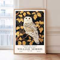 William Morris Owl Wall Art, Snowy White Owl Print on Golden Tree, Dark Botanical Poster