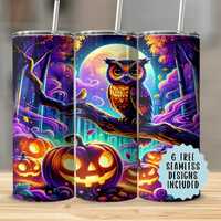 Halloween Owl Tumbler Wrap, Spooky Night Seamless 20oz Tumbler PNG, Pumpkin Patch Fall Design, 300 D