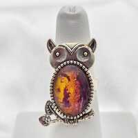 Fire Opal Owl Adjustable Ring — Abstract Art Cabochon Jewelry in Antique Silver