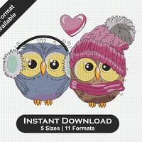 Cute Winter Owls Embroidery Design – Love Owls with Hat & Scarf Machine Embroidery File &n