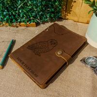 Snowy Owl Leather Journal – Black and White Thin Line Owl Sketch on White – Genuine Leat