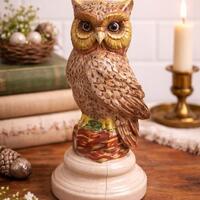 Vintage Hand-Painted Ceramic Owl Figurine, Woodland Mid Century Decor