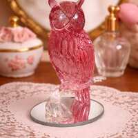 Vintage Pink Cut Glass Owl Figurine, Wisdom of Amethyst Collection, Mirrored Base Decor