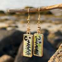 Silver  or gold dangle earring, owl woodland jewelry, pine tree, celestial star gift, hook earring, 