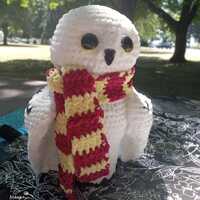 Snowy Owl Plushy Wearing Griffydor Colored Scarf Handmade Crochet Stuffed Animal