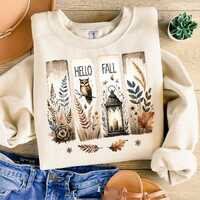 Hello Fall Brushstroke PNG Sublimation Design with Owl Lantern Autumn Leaves Rustic Watercolor Clipa