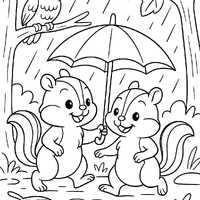 Chipmunk Forest Coloring Page: Owl, Frog, Umbrella (Printable PDF