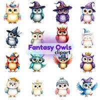 Whimsical Fantasy Owl Clipart Bundle Magical Wizard & Witch Owls PNG 300DPI Watercolor Illustrat