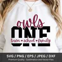 Owls One Town One School One Family PNG SVG, Owls Mascot Shirt Png, School Spirit Cheer, Sports Clip