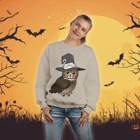 Halloween Owl Sweatshirt | Birdorable Great Horned Owl Witch Cozy Fall Crewneck | Unisex Holiday Des