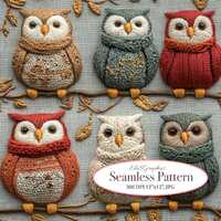 Cute Autumn Owls Knitted Faux Embroidery Seamless 3D Digital Pattern. Commercial Use. 1 JPG