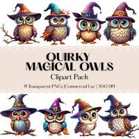 Quirky Magical Owls Clipart - Owls in Witch Hats - Halloween Birds - Watercolor Funky Owl PNGs - Fun