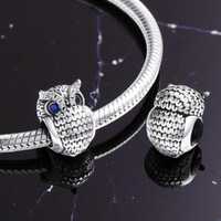 S925 Pandora Charm Night Owl, Blue Eyed Owl Bead Charm, Blue Crystal Owl Charm, Bird Charm, Night Ch