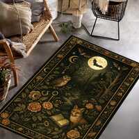 Mystical Forest Rug with Fox and Owl – Witchy Moonlight Woodland Carpet, Occult Decor with Key