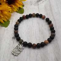 Owl Charm Bracelet, Lava Rock & Leopardskin Jasper, Handmade