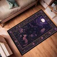 Enchanted Forest Rug – Gothic Night Fox Owl Bat Rug, Purple Witchy Moon Carpet, Dark Fairycore