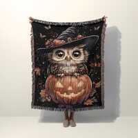 Halloween Owl Woven Cotton Blanket, Cute Pumpkin Owl Throw Blanket, Witch Hat Fall Decor, Autumn Gif