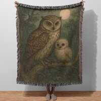 Retro Fairy Tale Owl Blanket, Mother and Baby Quilt, Forest Moon Throw, Woven Cotton Nursery Art Tap