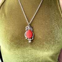 MCM Owl Statement Necklace~ Silver Tone with inset Stone in Orangey-Red. (Circa 1960-70s)