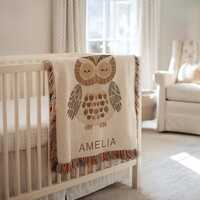 Personalized Woven Owl Blanket, Custom Woodland Animal Baby Blanket, Cozy Nursery Decor, Toddler Gif