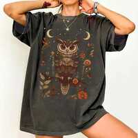 Cottagecore Owl T-Shirt: Boho Moon Phase, Autumn Floral Tee
