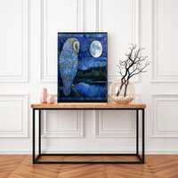 Mystical Owl Night Art Print, Blue Moon Forest Wall Decor, Celestial Wildlife Printable, Dark Academ