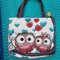 Owl Couple Tapestry Shoulder Bag: Handmade Canvas Tote with Hearts