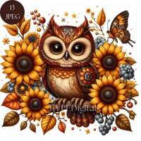 Autumn Owl and Sunflower Clipart Bundle, 13 Jpeg Fall Forest Owl Illustration, Cute Boho Owl with Su