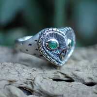 Sterling Silver Barn Owl Ring: Gold & Emerald Eyes, Antique Finish