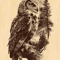 Owl PNG Engraving | Forest Totem Bird Clipart | Woodland Line Art with Mountain Trees | Perfect for 