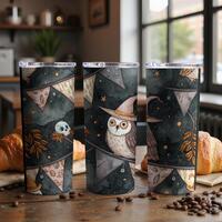 Whimsy Goth Owl Tumbler Wrap PNG, Seamless 20 oz, Straight Tapered Halloween, Whimsical Owl, Gothic 